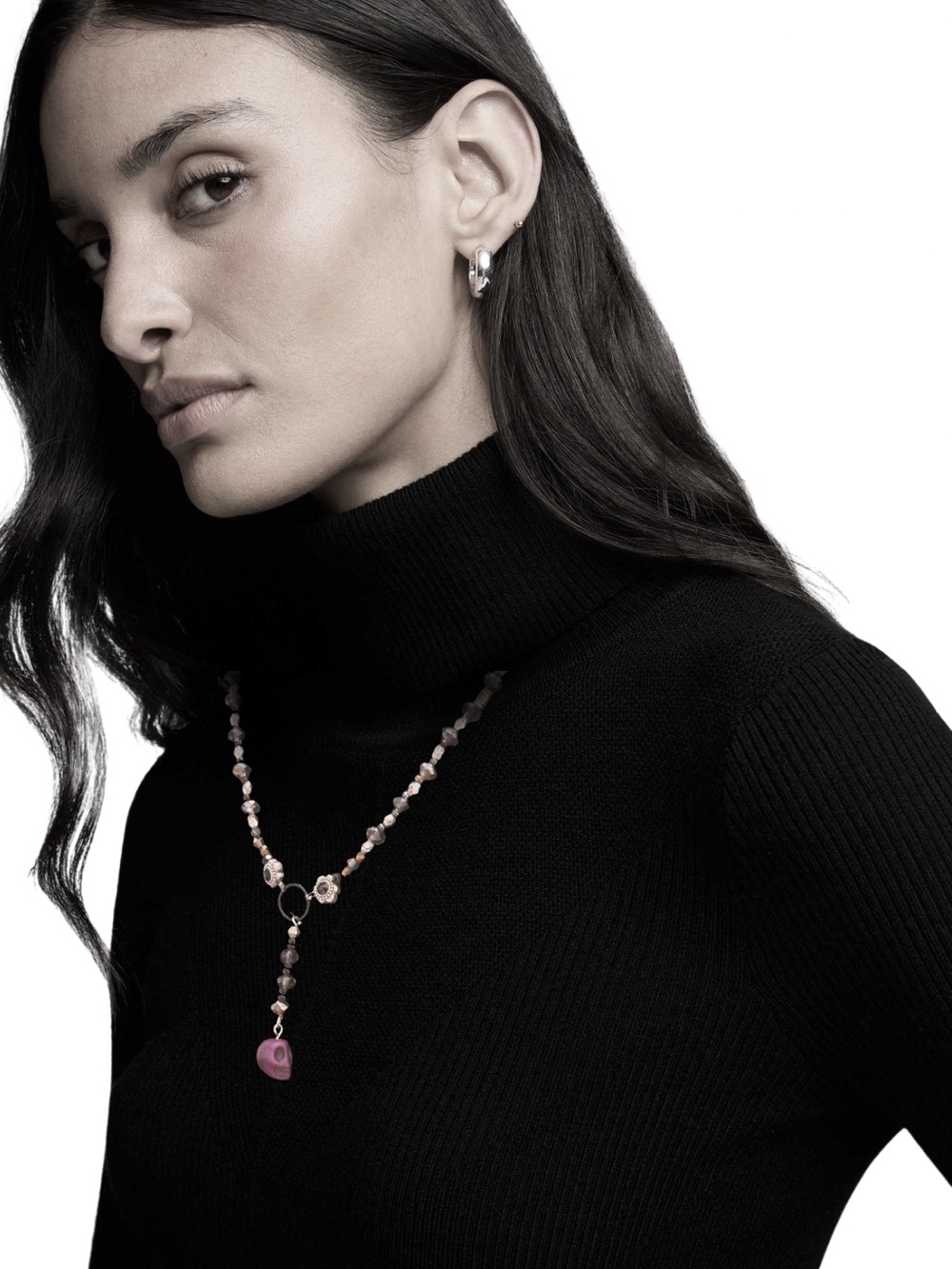 Purple Howlite Skull Beaded Lariat Necklace
